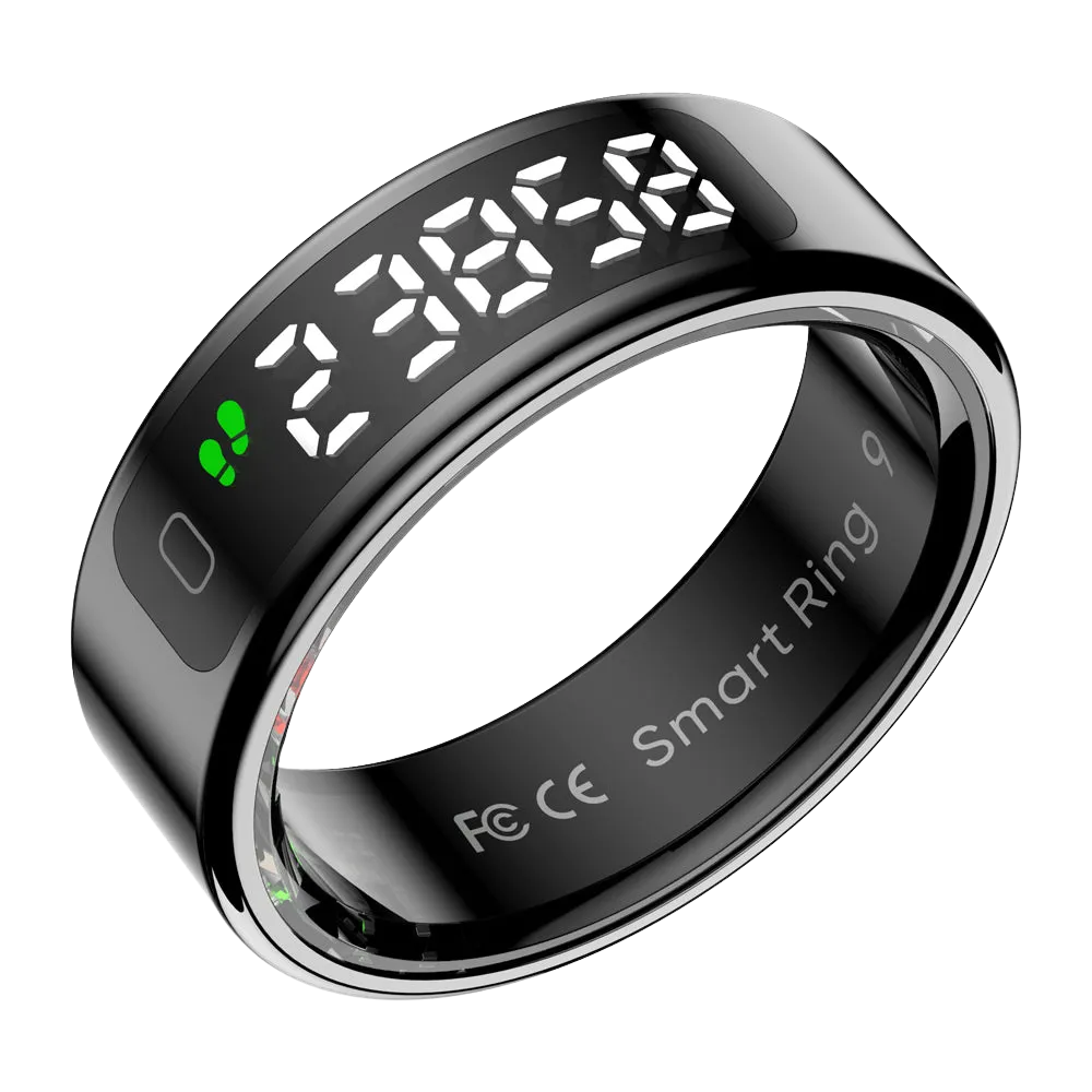 A black COLMI R12 smart ring with its illuminated display.