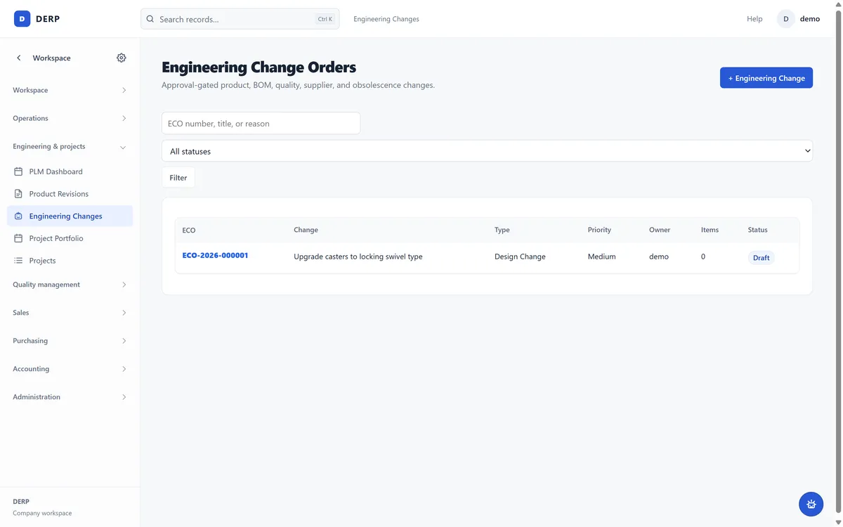 An engineering change order list with the change summary, type, priority, owner, and draft status.