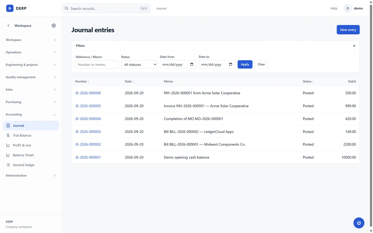 A journal-entry list linking documents such as payments, invoices, manufacturing completions, and bills to accounting entries.