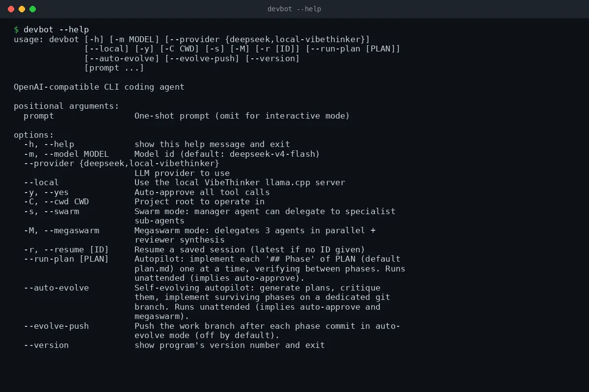 Terminal screenshot of DevBot's real --help output, listing its model, provider, swarm, resume, and run-plan options.