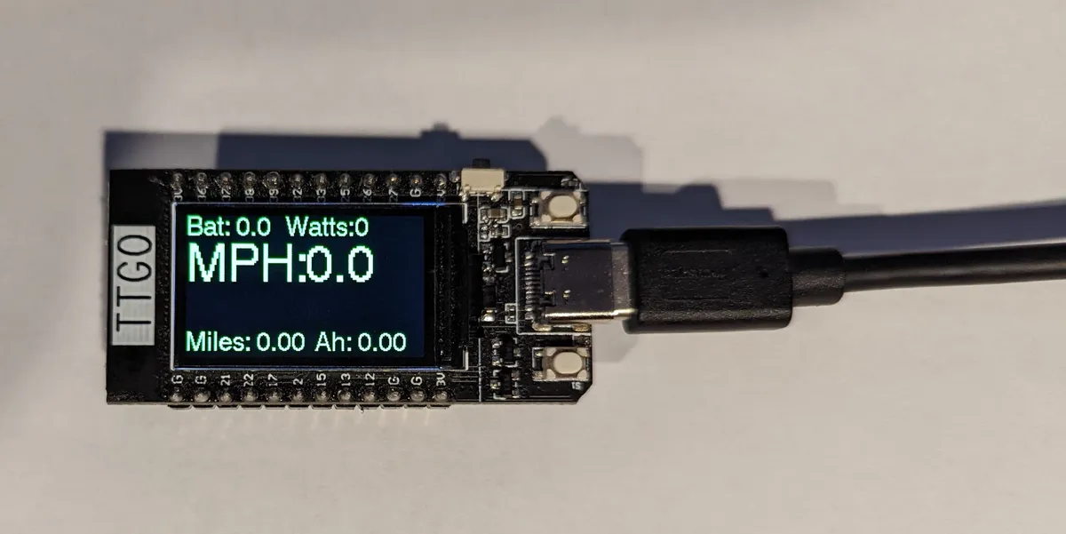 ESP32-based display showing electric bicycle telemetry.