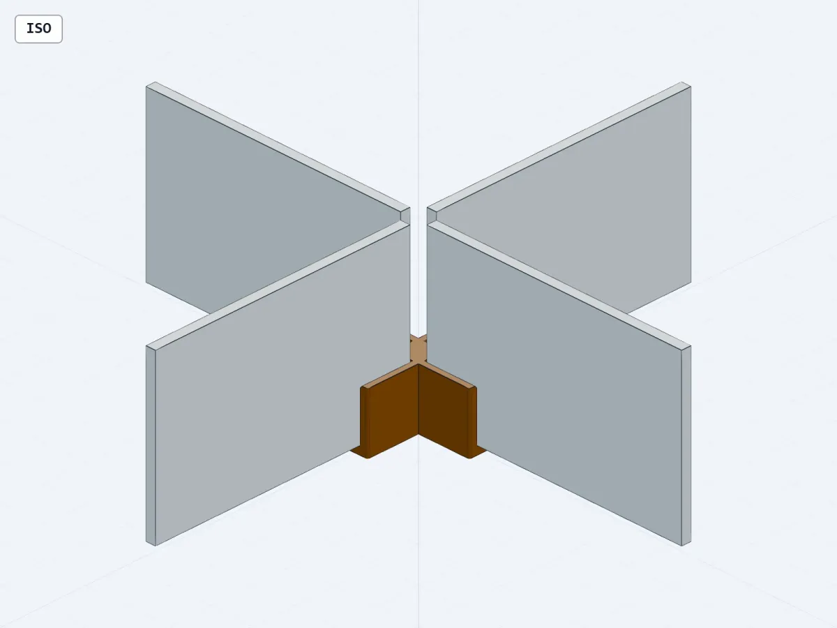 Isometric CAD render of an orange modular cross drawer-divider joint holding four gray divider boards.