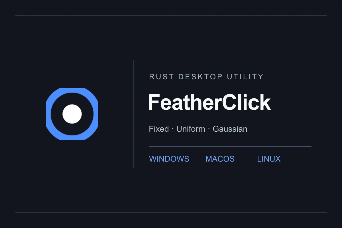 FeatherClick's blue click icon with the project's name, timing modes, and supported operating systems.