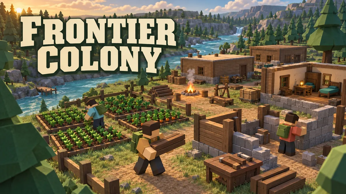 Frontier Colony promotional artwork showing colonists farming and building a settlement beside a forest river.