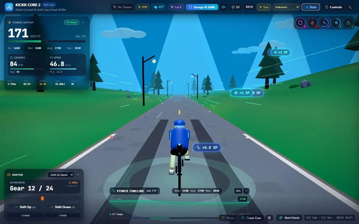 A cyclist in a colorful 3D landscape surrounded by power, cadence, virtual gearing, and ride timeline panels.