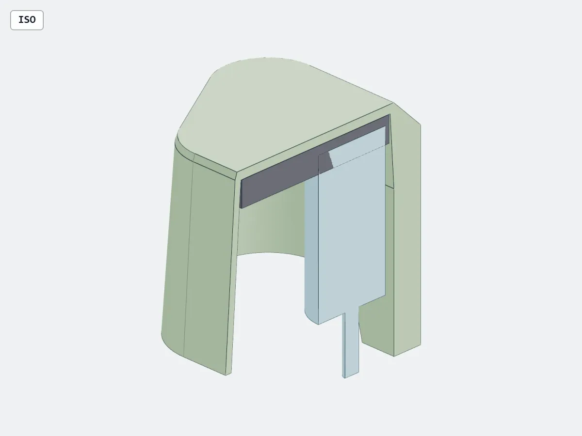 Cut-away CAD view through the pale green broadhead hood showing its open bottom mouth, a dark strip along the back inside the cap, and a light blue reference block with a thin shaft hanging down where a broadhead sits.