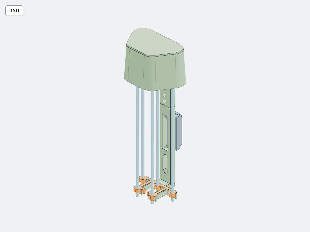 Isometric CAD render of a tall quiver with a pale green rounded broadhead hood on top, five gray reference arrow shafts running down to an orange five-clip gripper at the bottom, and a gray slide-off dock on the side of the spine.