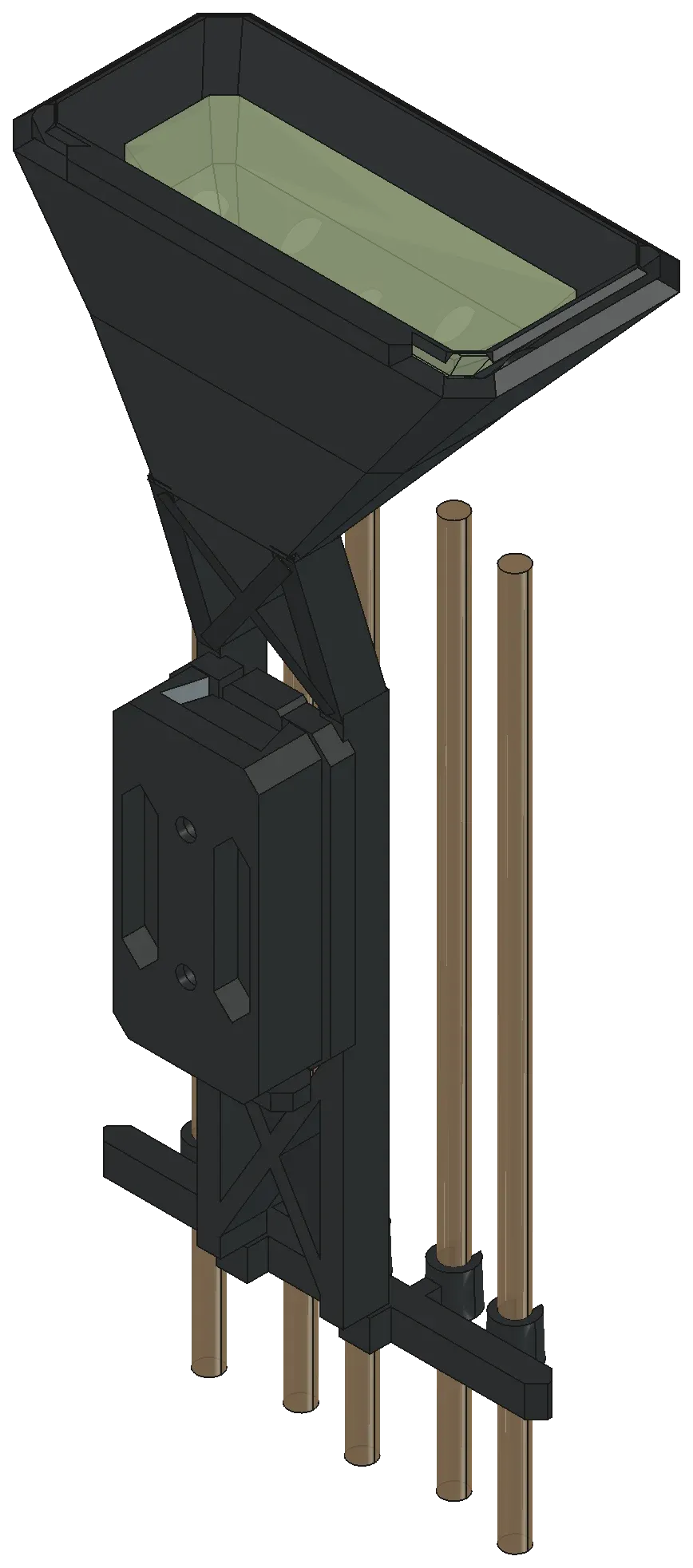Dark gray render of an earlier quiver revision with an open funnel-shaped basket on top, an X-braced spine, a boxy bow dock, and five brown arrow shafts below.