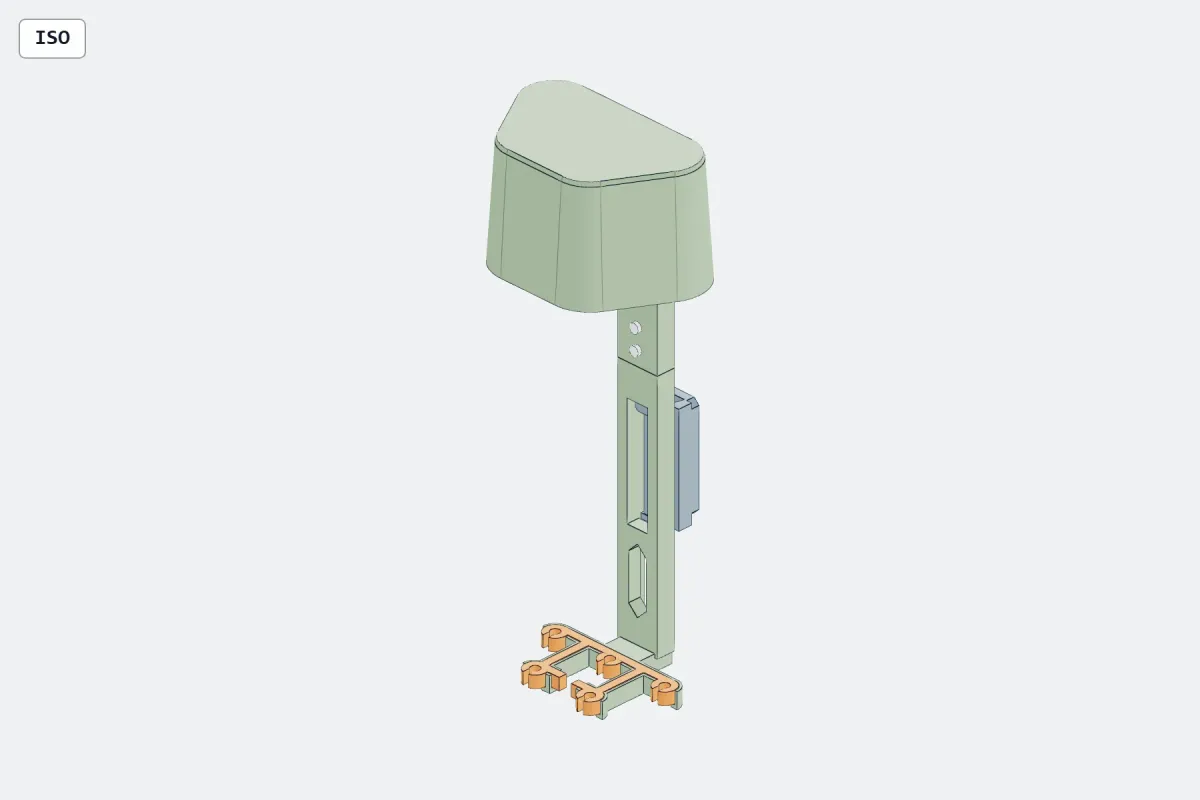 Isometric CAD render of the unloaded V3 quiver: a pale green hood on a narrow spine with two screw holes and two cut-out windows, a gray dock on its side, and an orange gripper with five C-shaped clips at the base.