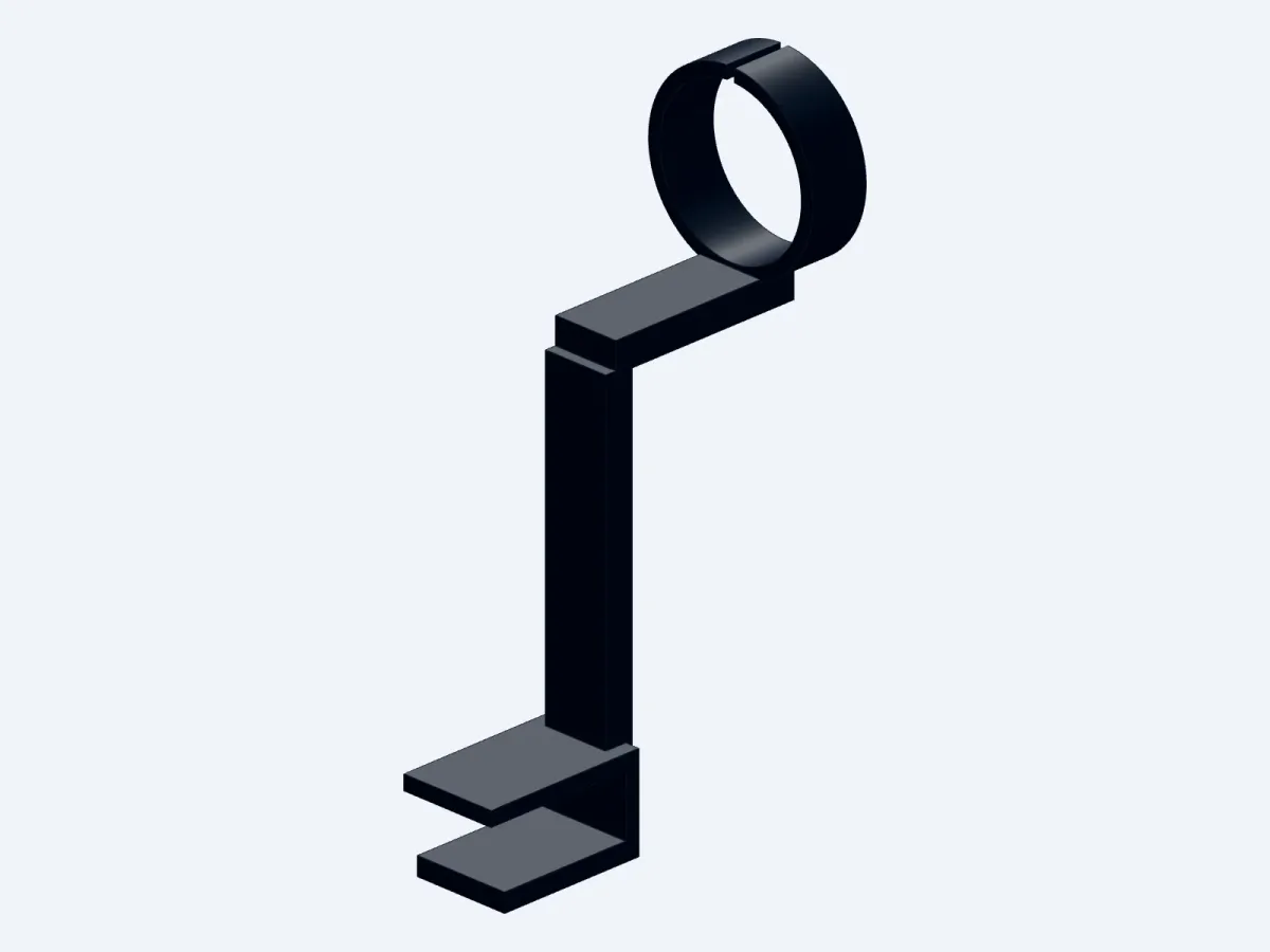 Isometric CAD render of a dark one-piece microphone holder: a C-shaped clamp at the bottom for a desk edge, a tall vertical column, a short horizontal arm, and a split ring cradle on top.