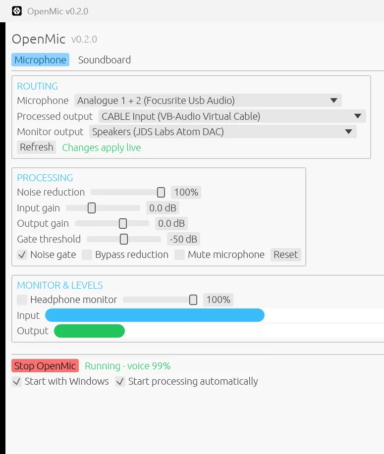 OpenMic’s native interface with microphone routing, noise reduction, gain, noise gate, and live audio meters.