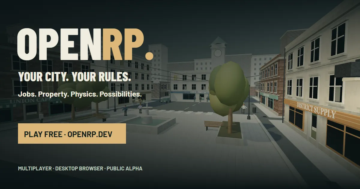 OpenRP project artwork showing the low-poly city and its jobs, property, and physics systems.