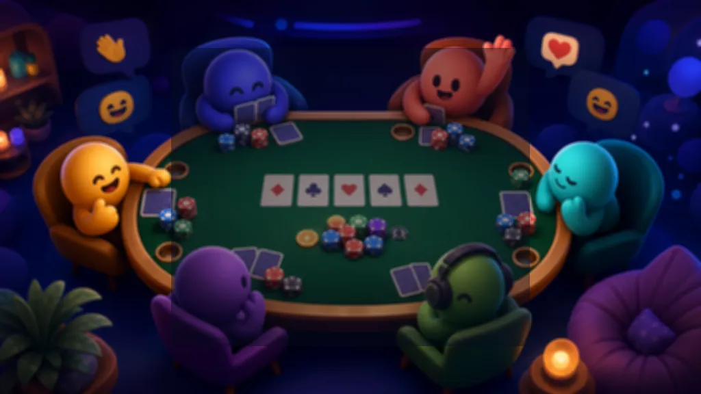 Wide illustrated scene of cartoon characters playing poker, with emoji speech bubbles behind the table.