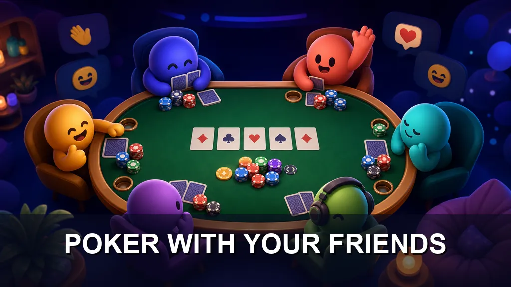 Illustrated cover artwork with five cartoon players seated around a poker table under a dark blue light.
