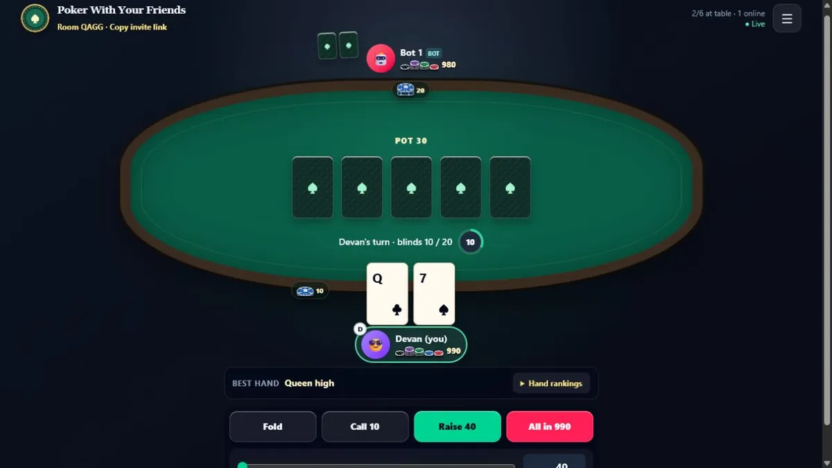 A Texas Hold’em table in progress with hole cards, community cards, the pot, and the active players’ action buttons.