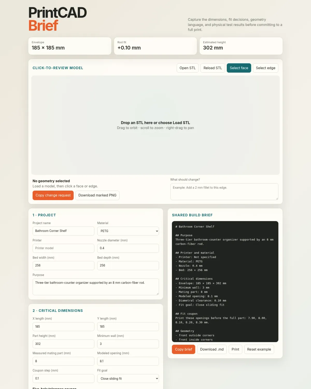 Screenshot of the PrintCAD Brief web page: an empty 3D model viewer panel with Open STL and select face or edge buttons at the top, a project form and critical dimensions form filled in for a bathroom corner shelf on the left, and a dark Markdown build brief panel on the right.