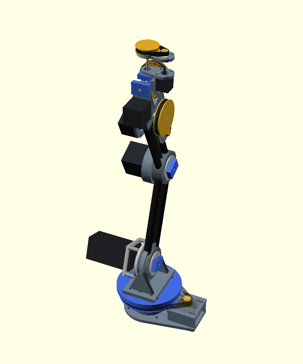 A full-height render of the six-axis arm showing the base yaw, shoulder, elbow, and wrist joints.