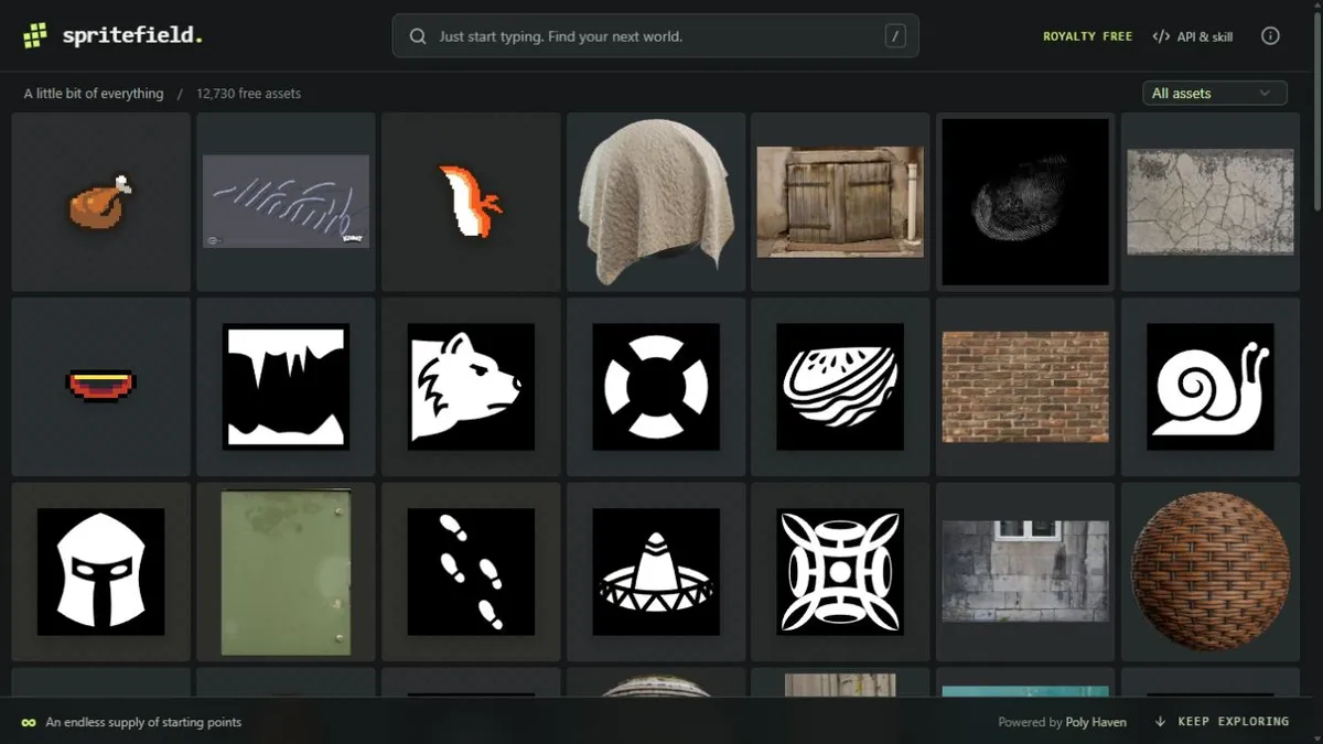Spritefield's searchable canvas showing game sprites, icons, textures, and models.
