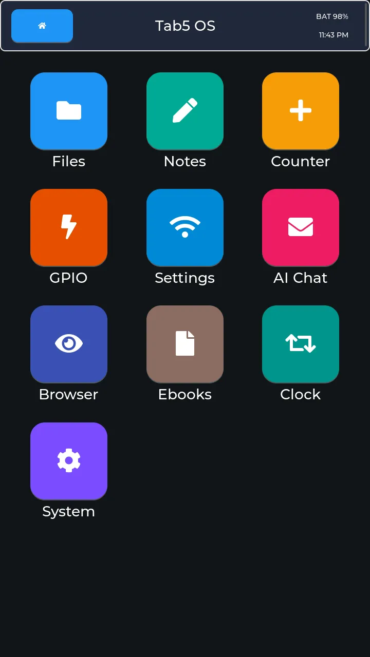 Tab5 OS launcher with touch controls for files, notes, GPIO, settings, chat, browser, ebooks, and clock.