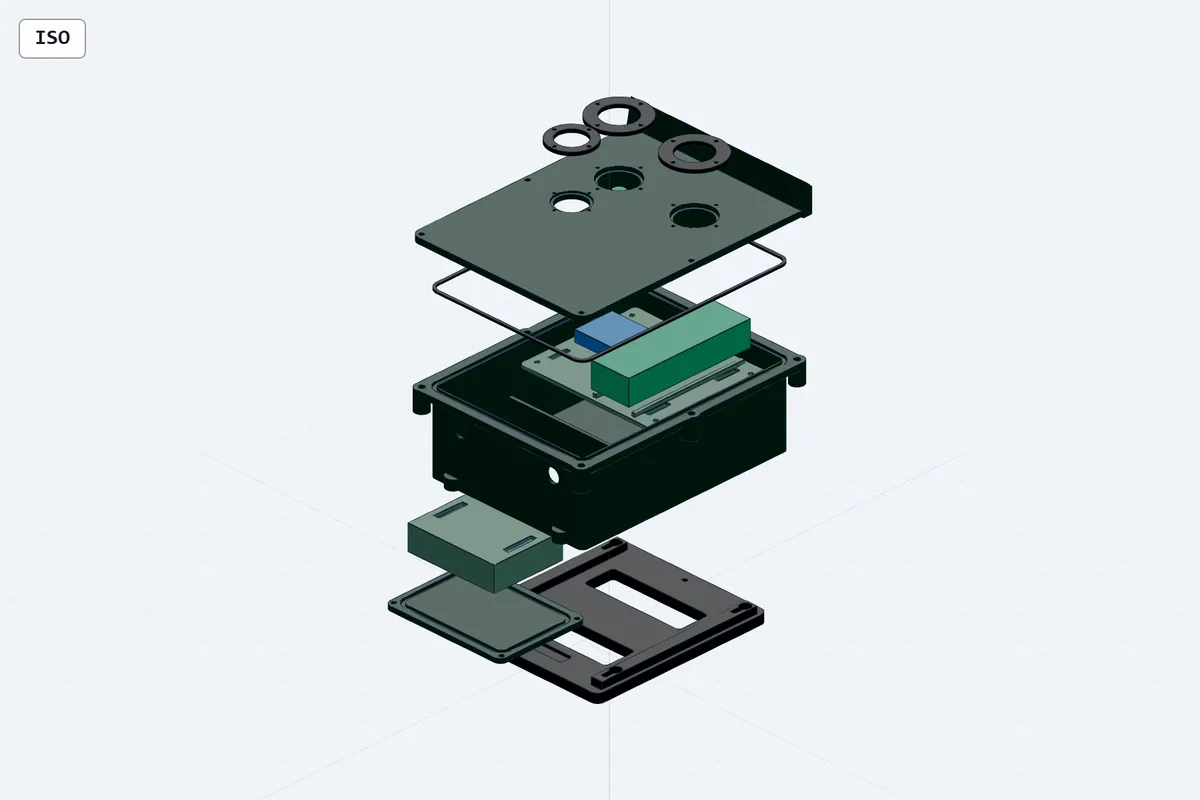 Exploded CAD assembly showing the enclosure, internal carrier, battery access, and mounts.