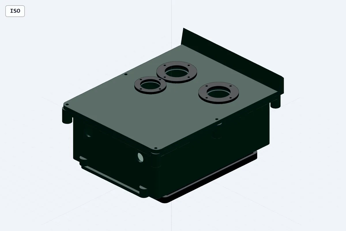 CAD render of the modular camera enclosure with separate front openings and mounting features.
